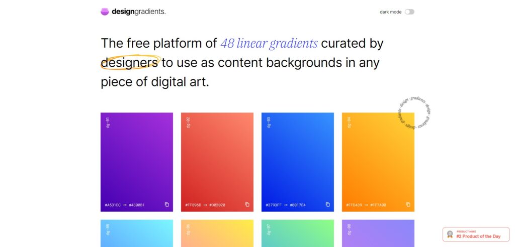 The Design Gradients platform showing gradient examples.