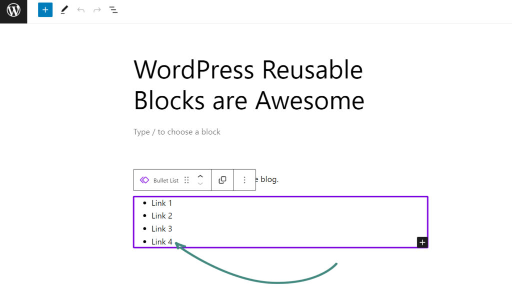 The screenshot shows the successful edition of the reusable block.