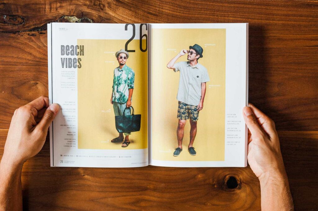 Fashion magazine displaying a man with two different beach outfits.