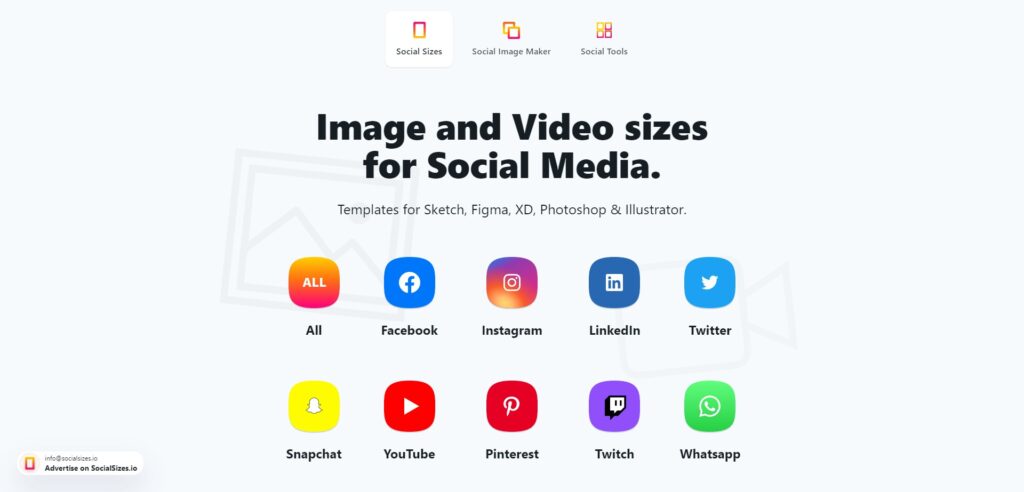A Social Sizes homepage screenshot.