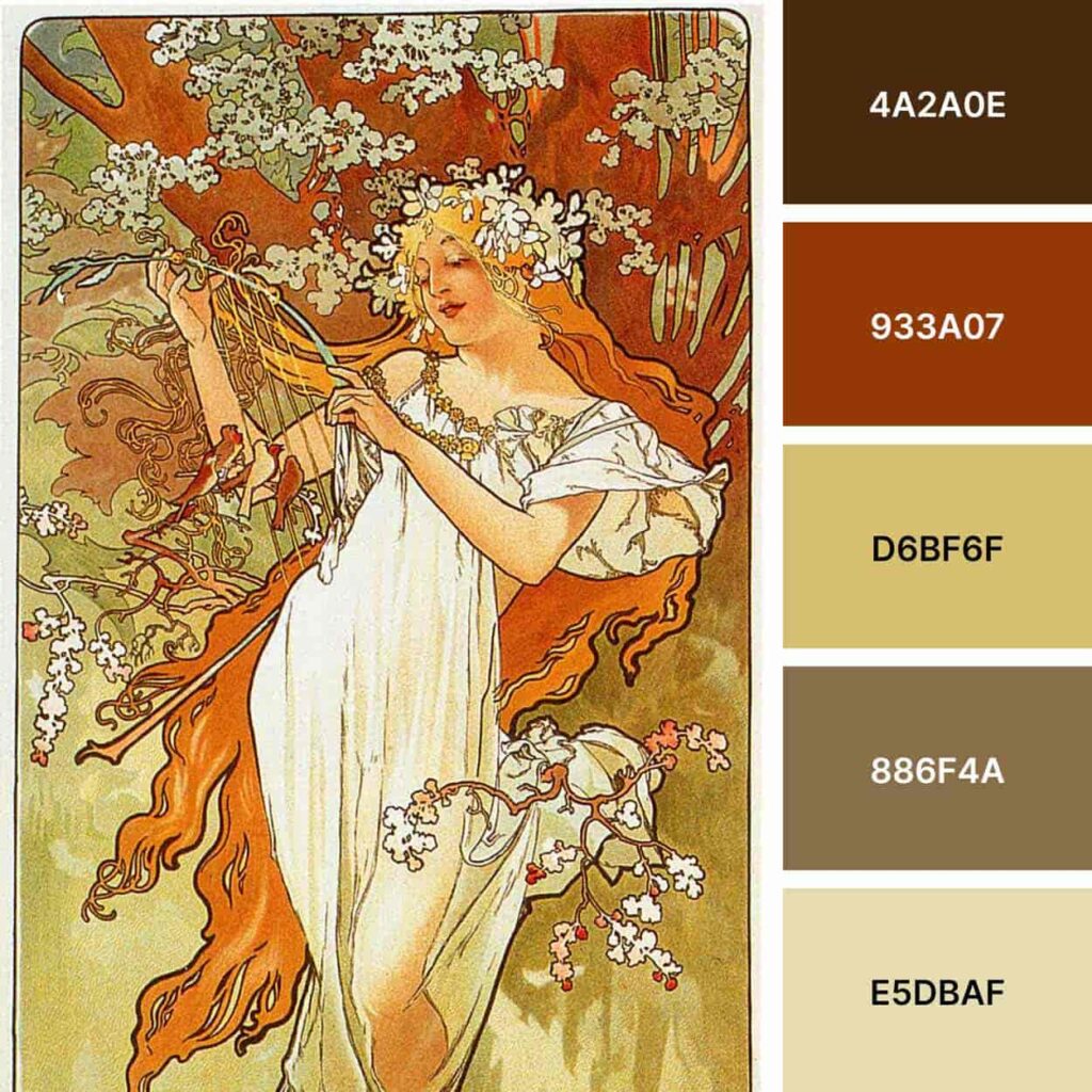 Artwork "Spring" by Alphonse Mucha. Presented with colors palette.